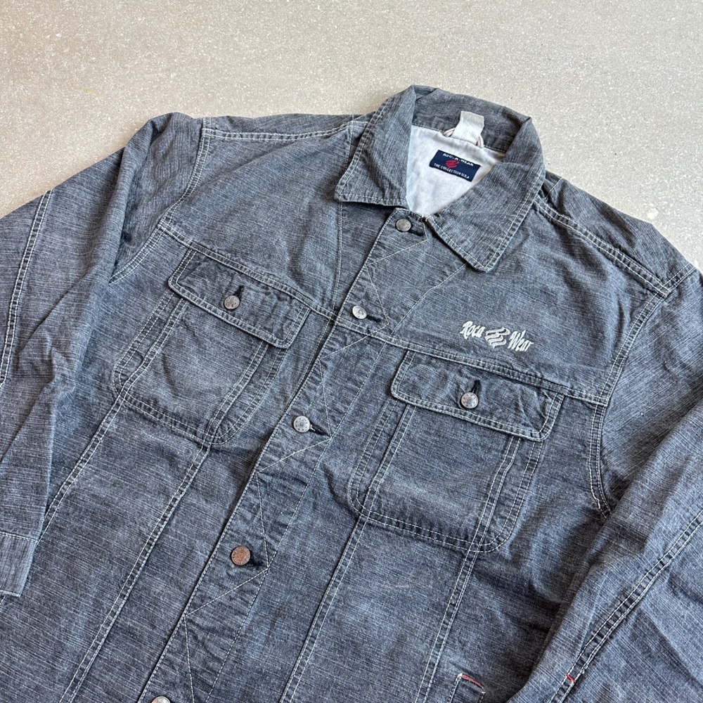 Roca Wear Men's Gray Denim Jacket Embroidered Logo Button Front Size XL